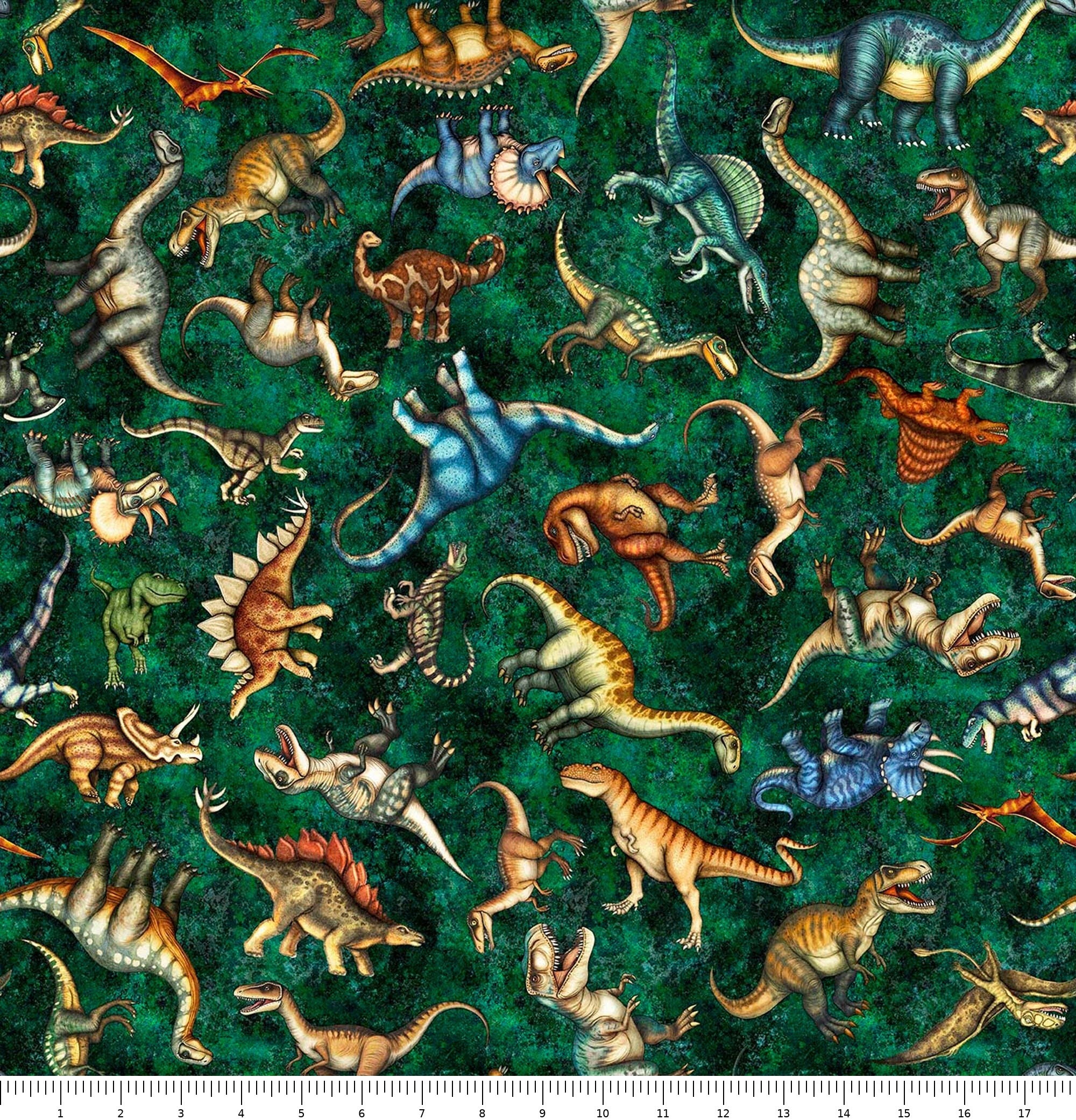 Savage Kingdom Tossed Dinosaurs 31734-F Forest with inch ruler for scale