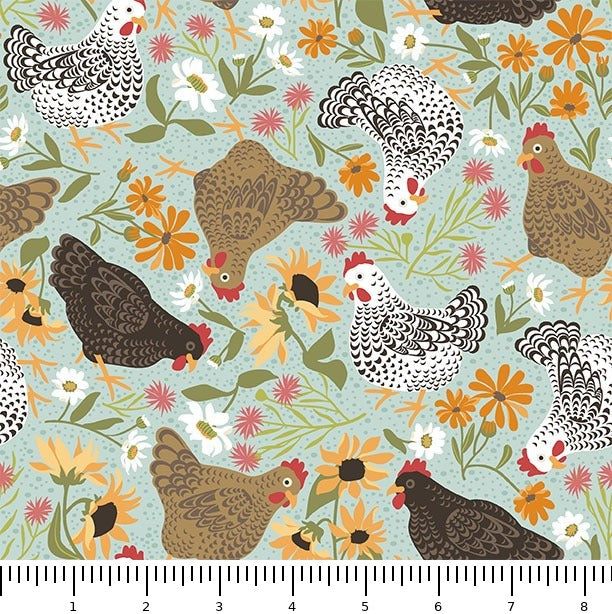 Chickens in the Meadow Chickens & Flowers 31817-Q with inch ruler for scale