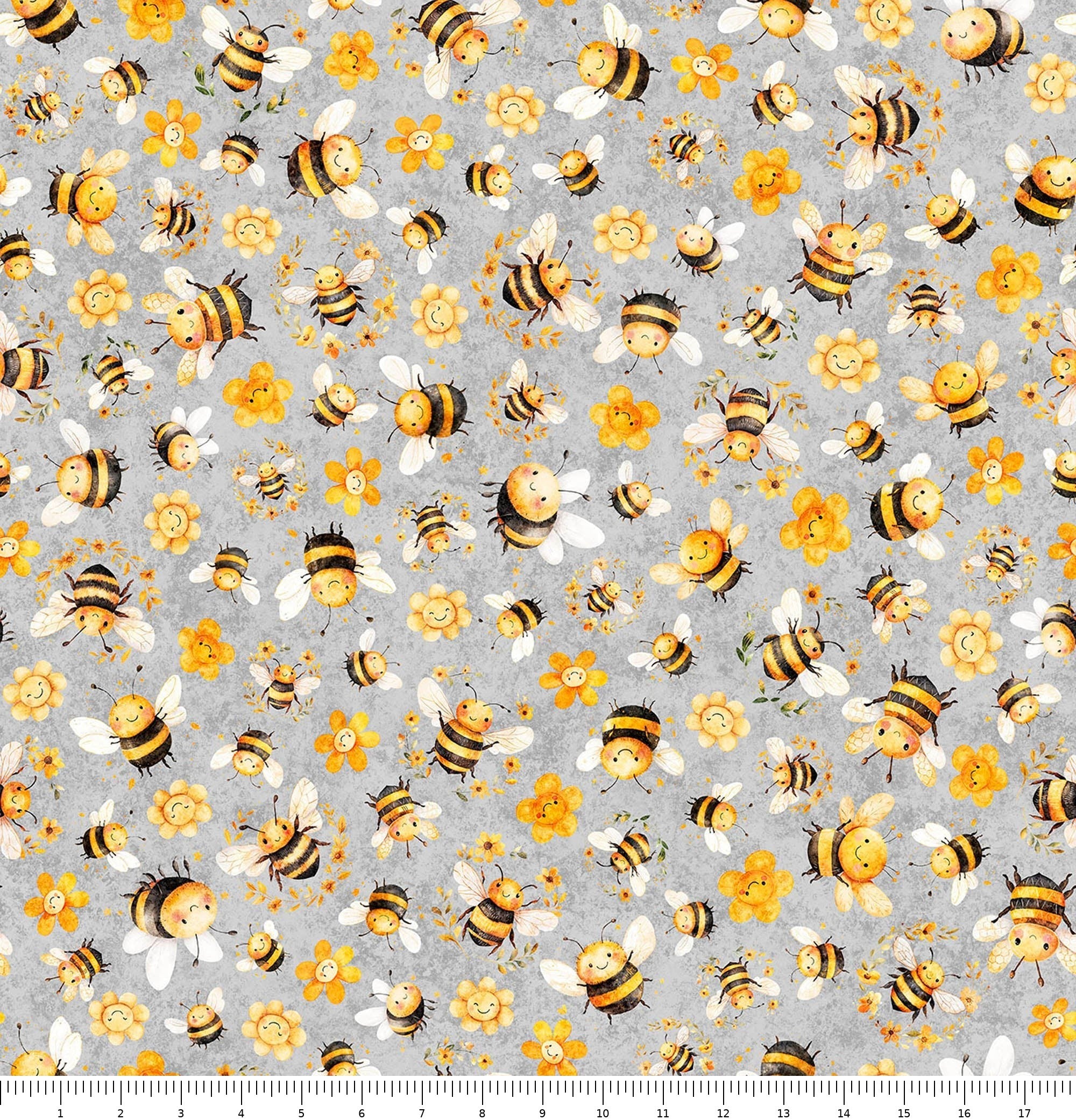 Buzz Buzz Buzz Bee & Floral Toss 31703-K Light Gray with inch ruler for scale
