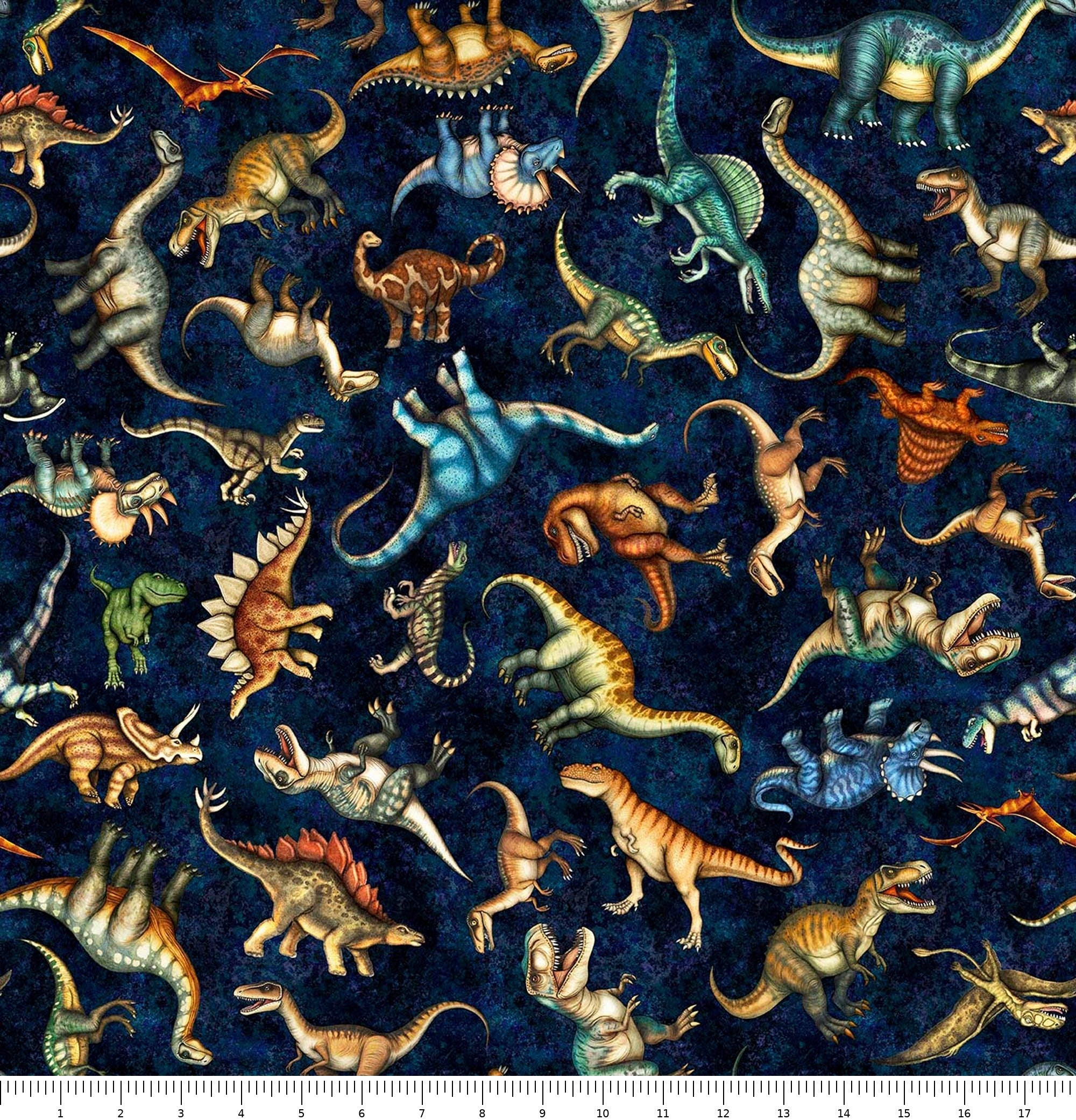 Savage Kingdom Tossed Dinosaurs 31734-N Dark Navy with inch ruler for scale