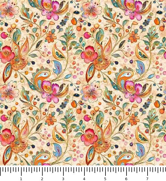 Fluttering Gardens Butterfly Floral Paisley 31731-E with inch ruler for scale