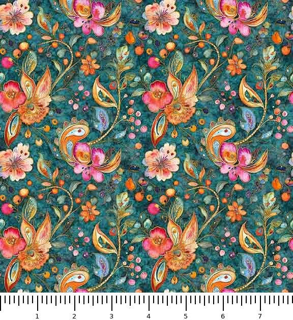 Fluttering Gardens Butterfly Floral Paisley 31731-Q with inch ruler for scale