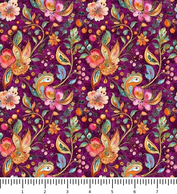 Fluttering Gardens Butterfly Floral Paisley 31731-V with inch ruler for scale