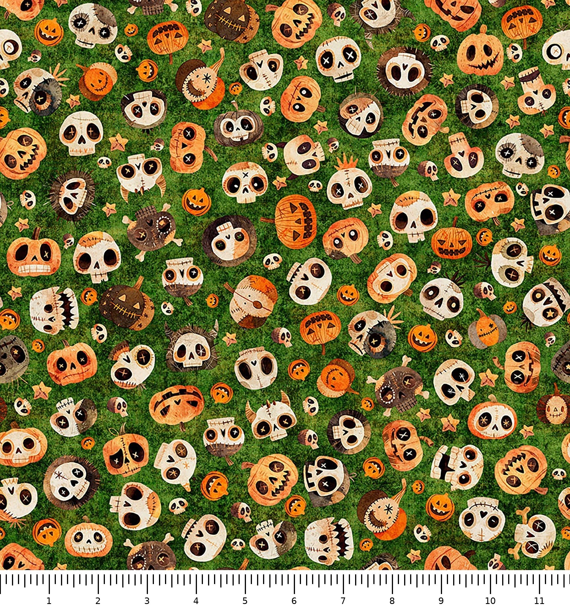 A Haunting We Will Go Skull & Pumpkin Toss 31947-G with inch ruler for scale