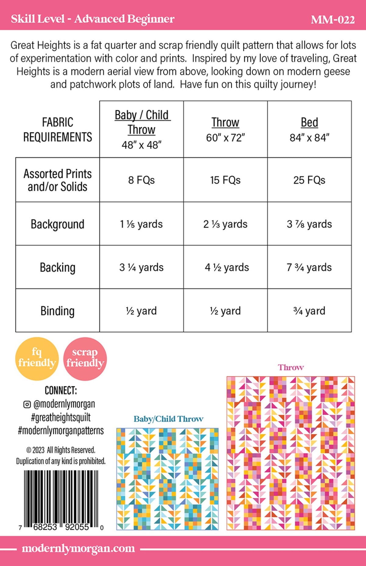 Great Heights quilt pattern back cover with size options