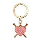 Heart-shaped pink yarn ball with knitting needles enamel key ring