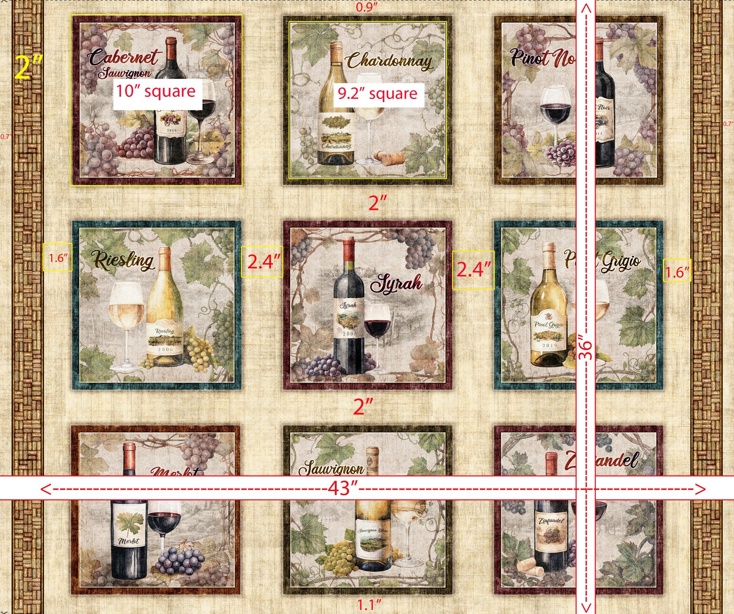 Cork & Barrel Wine Bottle Picture Patches 31166-X with measurements