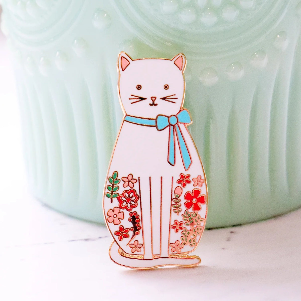 White Floral Cat Enamel Pin